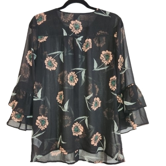 Cabi Sheer Black Floral Button Front Top Tiered Ruffle Sleeves Size S Whimsical - Picture 3 of 10